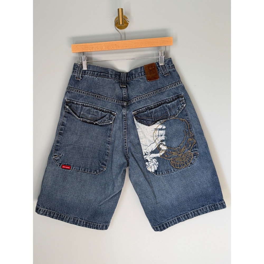 90s Y2K Jnco Jean Baggy Shorts Jorts Skull Big Pockets Red Crown Logo Size 32